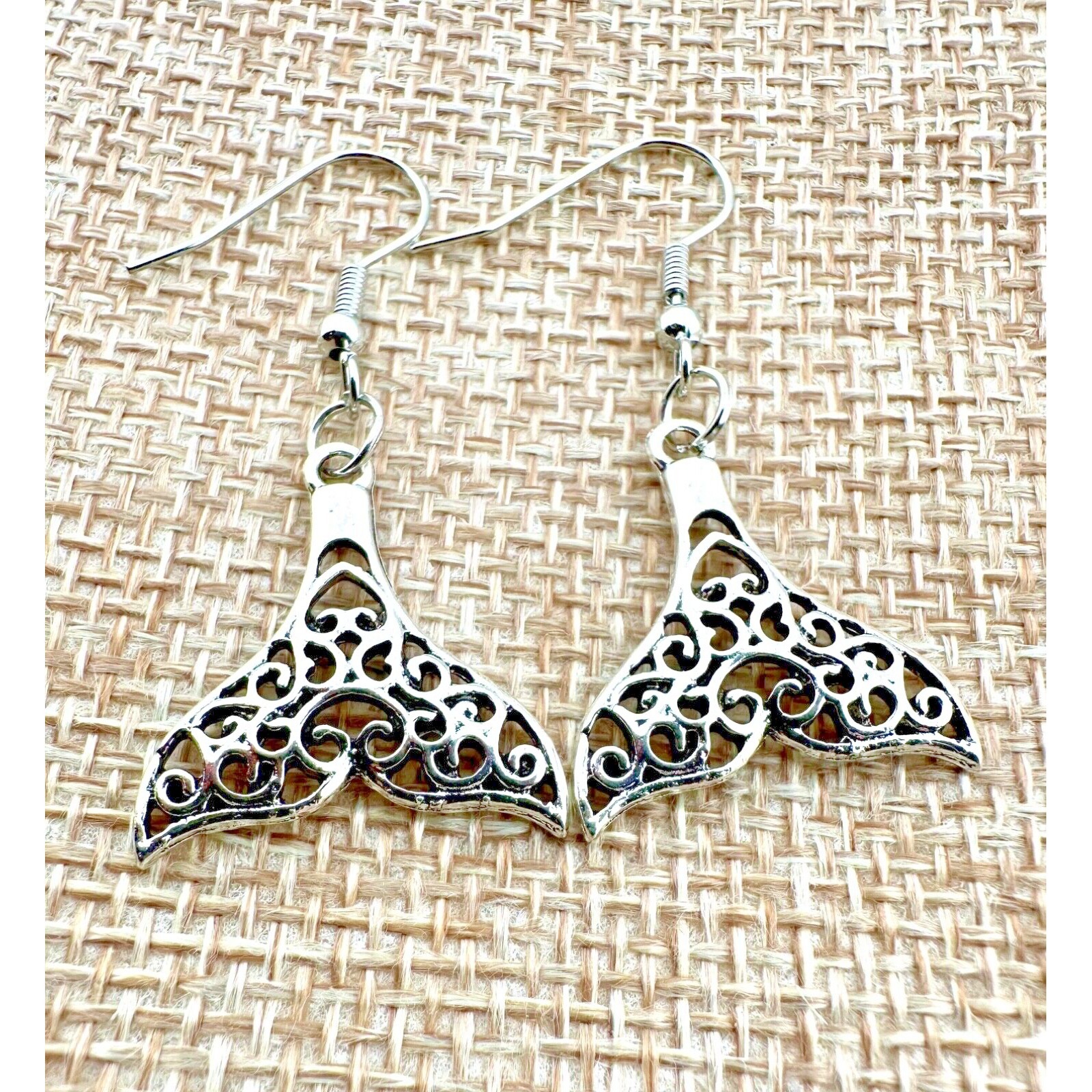 Silver Tone Filigree Whale Tails Earrings Ocean Lovers